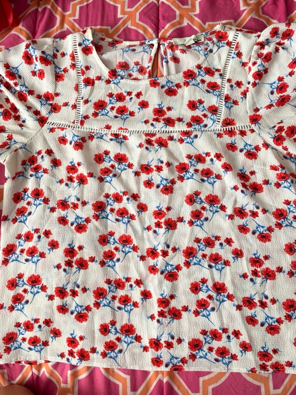 june & hudson White Blouse with Red Floral and Blue Stem Print